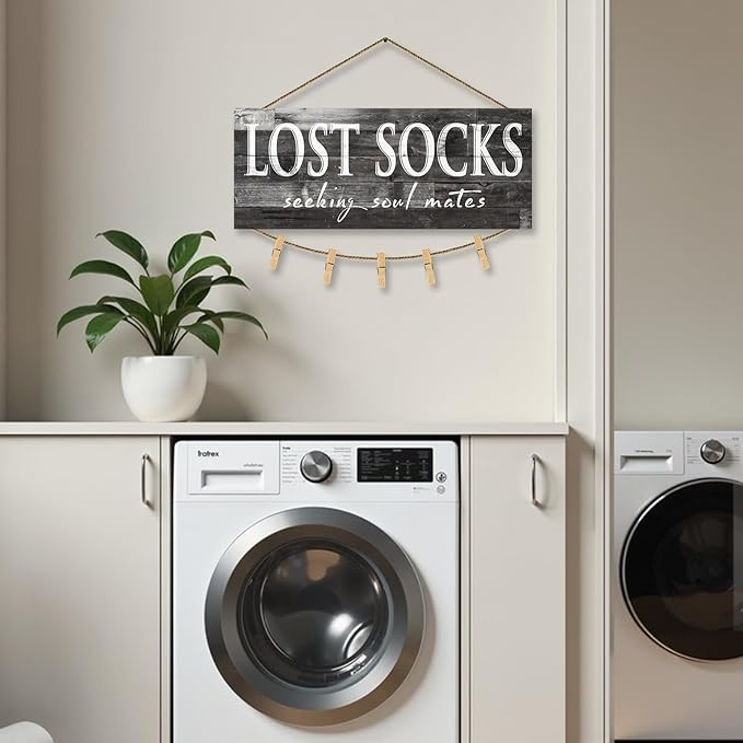 1 KINGO Laundry Lost Socks Rustic Sign Wall Decor for Washroom, Farmhouse Black Lost Socks Seeking Soul Mates Canvas Print Art, Rustic Plaque Bathroom Decoration 6" x 15"
