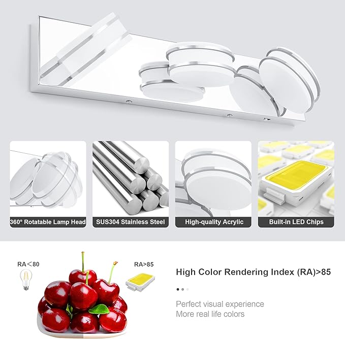 3 Color Temperature Dimmable Bathroom Light Fixtures Over Mirror, LED Chrome 3 Light Vanity Lighting Fixtures, Acrylic Stainless Steel Oval Shade Vanity Lights for Bathroom, ETL Certificated