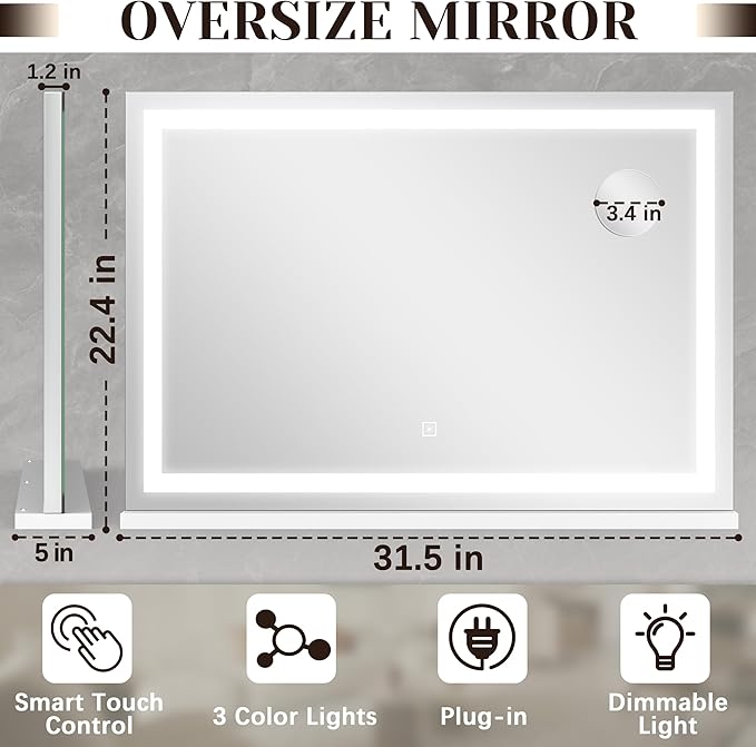 ROLOVE 31" x 22" Large Lighted Vanity Mirror with Lights, Dimmable 3 Modes, LED Makeup Mirror for Bathroom ＆ Dressing Room, Tabletop or Wall-Mounted, 10X Magnification, White
