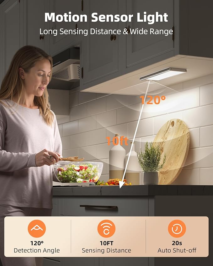 EZVALO 3000mAh Under Cabinet Lighting, 150LM Utral Bright Motion Sensor Light, Rechargeable Magnetic Under Counter Lights for Kitchen, Dimmable Closet Light with 3-Inch Ultra-Wide Panel
