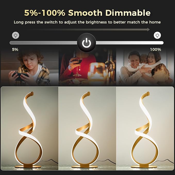 Bedside Table Lamp, LED Touch Dimmable Spiral Desk Lamp for Night Stands, 3 Color Temperature Modern Nightstand Light, Unique Side Light for Living Room, Bedroom, Gold