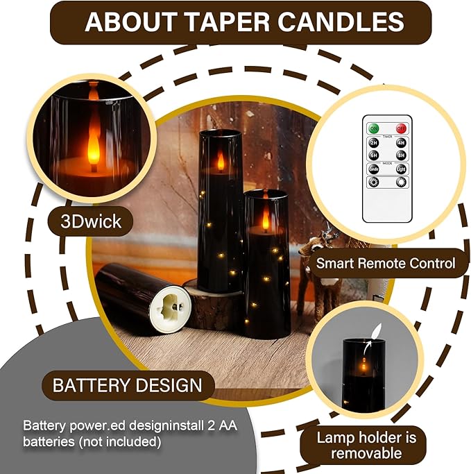 Flameless LED Candles with Timer 9 Pc Flickering Flameless Candles for Romantic Ambiance and Home Decoration Stable Acrylic Shell,with Embedded Star String,Battery Operated Candles（Black）