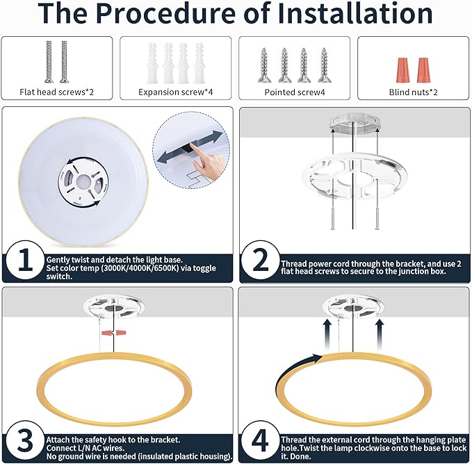 MOONSEA 16 Inch Flush Mount LED Ceiling Light Fixture 32W, 3200LM Dimmable 3000K/4000K/6500K 3 Color Selectable, Low Profile Ceiling Lamp for Kitchen Bedroom Hallway, Gold