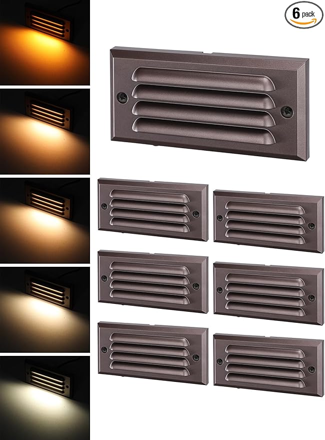LEONLITE 5CCT Low Voltage LED Step Lights, 5W 12–24V AC/DC Horizontal Louvered Stair Lights Outdoor, IP65 Waterproof, ETL, 1800K/2700K/3000K/4000K/5000K, Aluminum, Oil Rubbed Bronze, Pack of 6