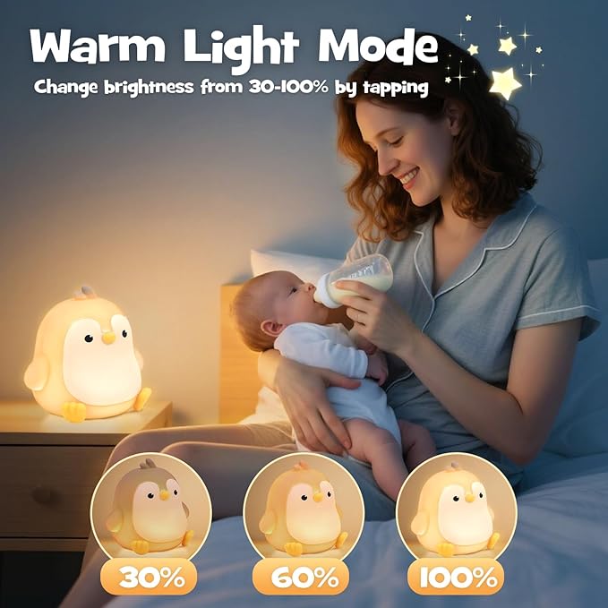 Squishy Penguin Night Light with RGB Mode Cute Chubby Penguin Light 3 Brightness Adjustable Nursery Breastfeeding Nightlight Rechargeable Silicone Touch Bedside Animal Lamp for Bedroom Dorm Decor