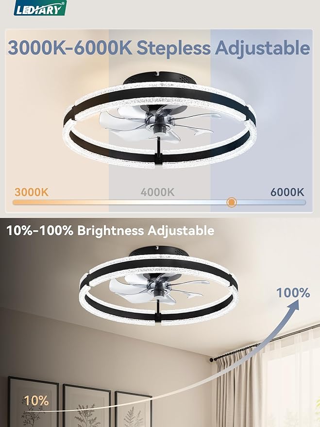 LEDIARY Ceiling Fans with Lights and Remote, 20'' Low Profile Ceiling Fan with Light, 3000-6000K Dimmable Fandelier Ceiling Fans, Modern Flush Mount Fan Light for Bedroom with 6 Wind Speeds- Black