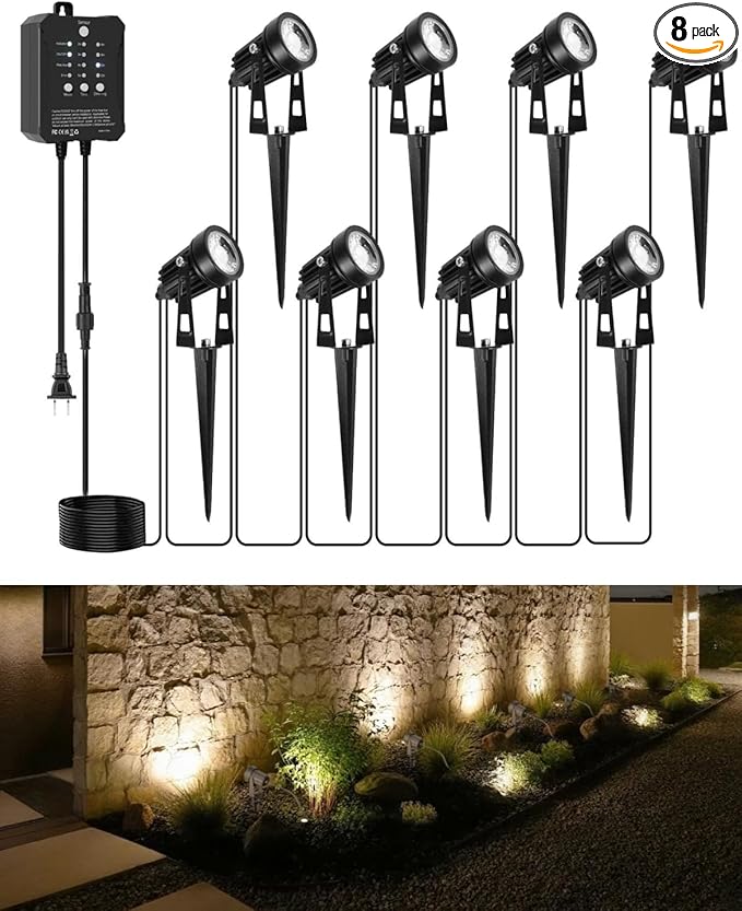 All-in-One Low Voltage Landscape Lighting, Dusk to Dawn Transformer Timer, Waterproof Spotlights, Dimmable LED Outdoor Landscaping Lights Kit for Yard Backyard Tree House 24V (8 pack warm white)