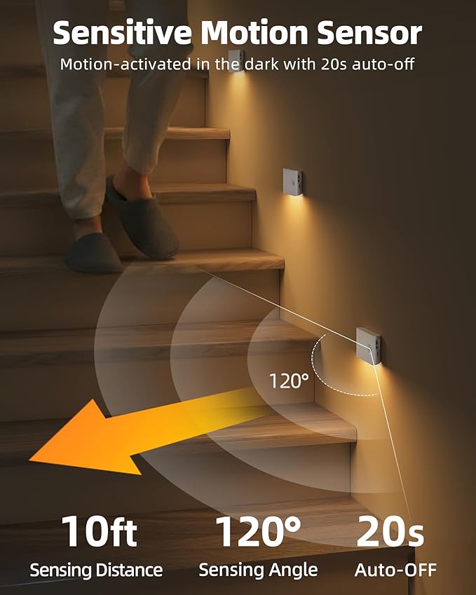 EZVALO Motion Sensor Light Indoor, 1500mAh Rechargeable Stair Lights, Magnetic & Dimmable, 3000K Soft White, Wireless Night Lights for Hallway, Stairway, Bathroom, 4 Pack with Charging Station