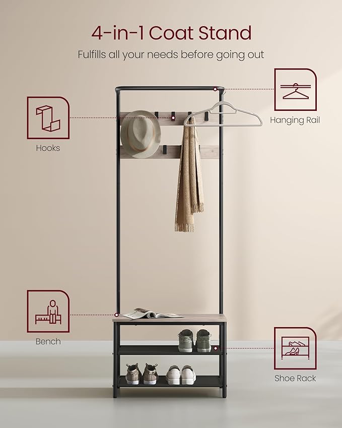 VASAGLE Hall Tree with Bench and Shoe Storage, Entryway Bench with Coat Rack Stand and Shoe Rack, 9 Movable Hooks, Top Bar, Fabric Shelves, Industrial, Greige and Black UHSR411B02