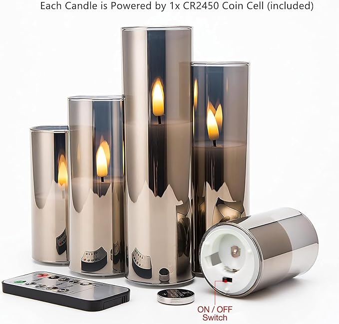 Eywamage 5 Pack Grey Glass Flameless Candles with Remote, Flickering Slim Tall LED Pillar Votive Candles Battery Included