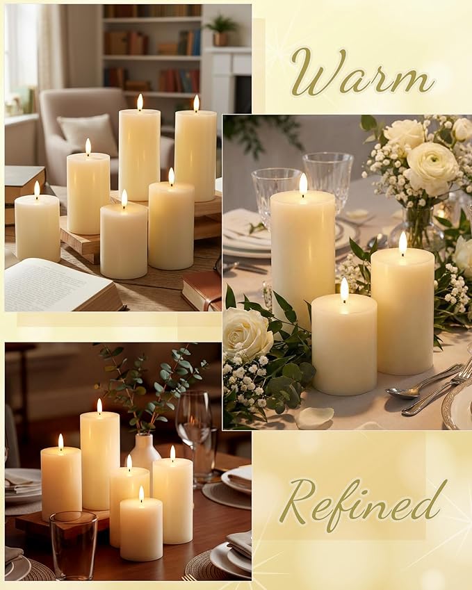 Leelosp 6 Pack Flameless Candles with Remote Timer, Battery Operated Flickering Flameless Candles Bulk Flat Top Pillar LED for Wedding Festival Outdoor Home Decor D 3'' H 4'' 5'' 6'' (Ivory White)
