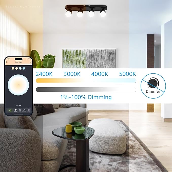 LEONLITE Smart LED Track Lighting, WiFi RGB Ceiling Lighting Kit, 4 Head Black Track Light with Remote, APP Control, Compatible with Google Home/Alexa/Siri, 16 Million Colors, 2400-5000K Dimmable, 30W