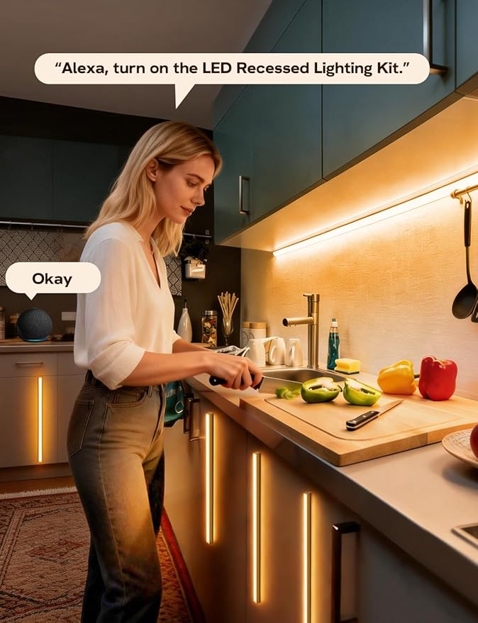 WiFi LED Recessed Lighting Kit for Wall Panels - 6pcs Adhesive Wall Strip Lights for Interior Wall Decor, 3000K Works with Alexa & Google Assistant for Wall Accent Acoustic Panels