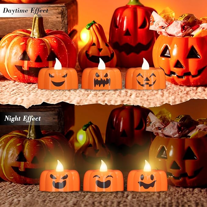 DRomance Halloween Pumpkin Lights Flameless Candles Battery Operated with Timer, 200 Hours Lasting LED Flickering Votive Tealight Candles Spooky Face Halloween Decorations Indoor(6 Pack, 1.9" x 1.6")