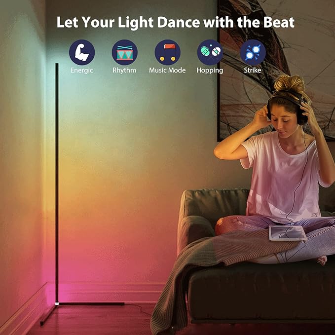 2PCS RGB Corner Floor Lamp, 64.5" RGB Color Changing Mood Light Bluetooth APP and Remote Control Music Sync LED 398 Dimmable Modes Modern Floor Lamp for Living Room, Light Timing