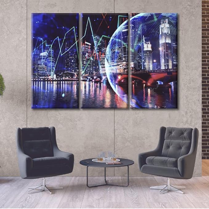 3 Panel Modern Frame Canvas Business and Financial Concept Black and White Wall Art Financial Chart on City Scape with Tall Buildings Background Wall Decor for Living Room Ready to Hang (60"Wx40"H)