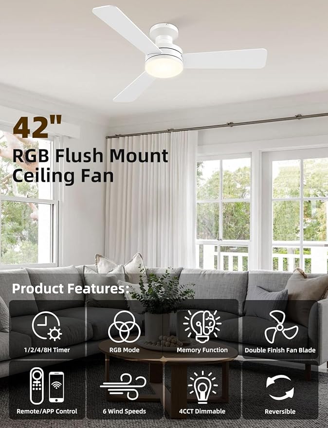 42" RGB Ceiling Fan with Light, Music Sync Smart Fan with Alexa/Google/App Control, Low Profile Flush Mount, 6-Speed Quiet DC Motor, 4 CCT Dimmable Lighting for Bedroom Living Room, White