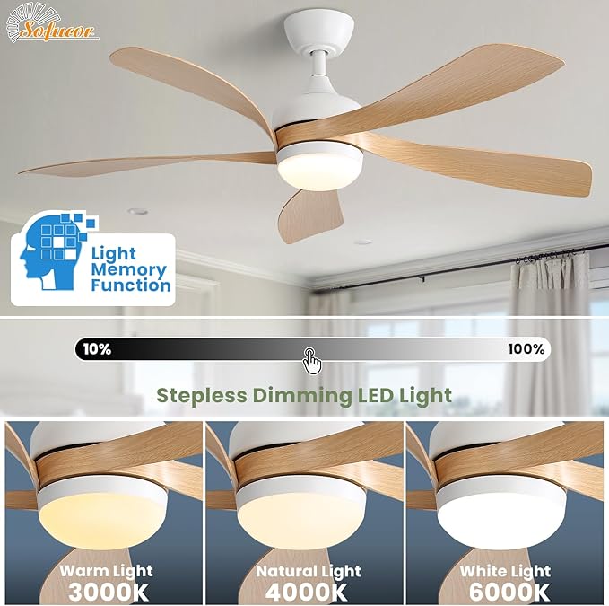 Sofucor 52" Smart Ceiling Fan, Indoor/Outdoor Ceiling Fans with Lights and Remote, Compatible with Alexa/Google/App, 3-Color Light 6-Speed Timing Reversible DC Motor for Bedroom Living Room Patio