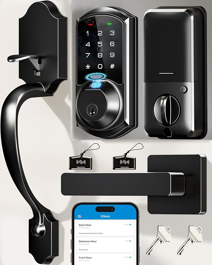 Veise VE07-H Fingerprint Smart Locks for Front Door with Handle Set, App Control, Keyless Entry Keypad Deadbolt, Digital Electronic Touchscreen, Easy Install, Auto Lock, Matte Black