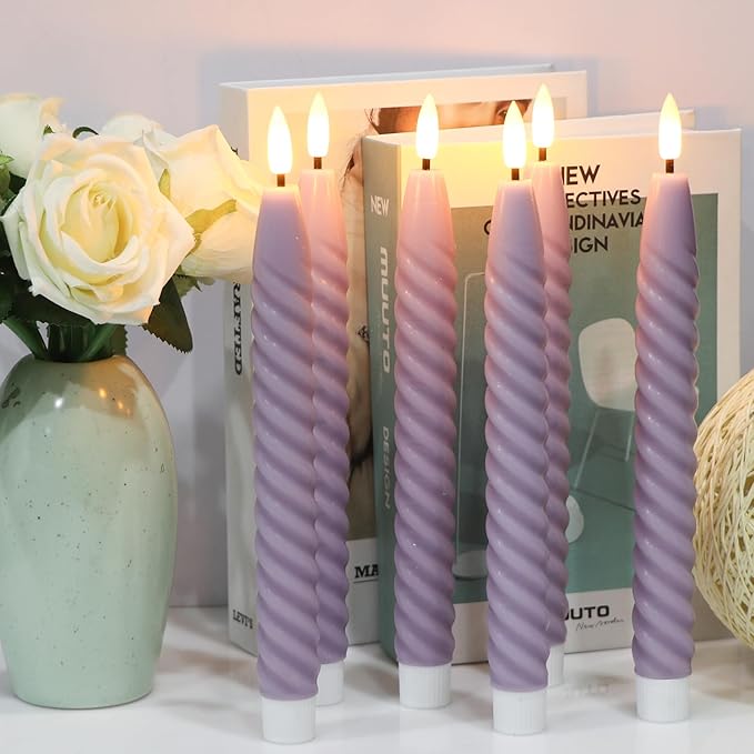 Easter Flameless Taper Candles Flickering with Remote Timer, Gentle Lavender Battery Operated Real Wax LED Spiral Candles for Home Wedding Spring Easter Decoration(0.78 X 9.8 Inchs)