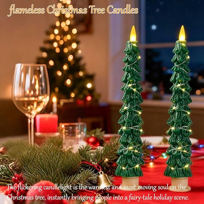 2-Pack Christmas Tree Flameless LED Candles with String Lights, Realistic 3D Flickering Flame, Remote Control, Battery-Operated Christmas Decorations for Home & Holiday Display
