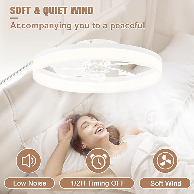VOLISUN Low Profile Bladeless Ceiling Fans with Dimmable LED Light, 23.6in Flush Mount for Bedroom (White)