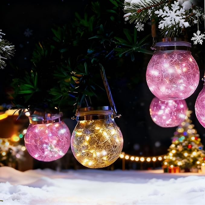 Hanging Outdoor Solar Lights,VGE 2 Pack 30LED Cracked Glass Ball Decorative Lights,Solar Powered Waterproof Landscape Lights with Handle for Tree Yard Garden Patio Fence Holiday Decor(Pingk)
