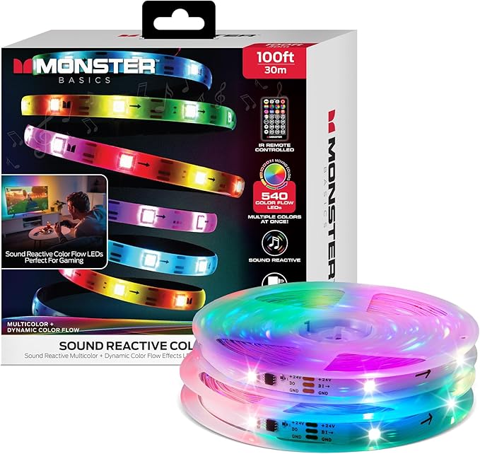 Monster 100ft Sound Reactive LED+IC Strip Lights, RGB Color Changing Music Sync Light Strip with IR Remote Control, Multicolor Ambient Lighting for Bedroom, Gaming Room, TV, Desk & Home Decor