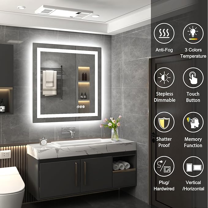 LED Mirror for Bathroom 36x36 Lighted Bathroom Vanity Mirrors with Lights, Brighter Frontlit and Backlit Anti-Fog Mirror, Tempered Glass, Dimmable 3 Colors Light Modes, Memory Function