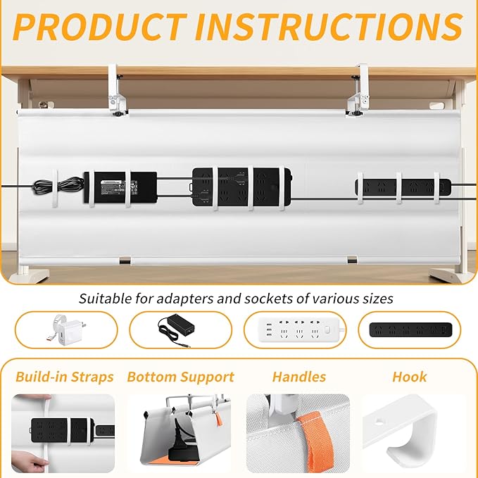 Under Desk Cable Management Tray with Clamp, No Drill 48" Cord Organizer for Desk, Desk Cable Management Fabric Tray for Standing Desks, Ideal for Home & Office - White