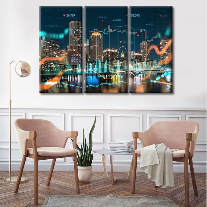 TUMOVO 3 Panel Concept of International Trading Paintings Black and White Wall Art Boston Night Time Painting Wall Decor for Living Room Minimalist Artwork Ready to Hang (42" Wx28 H)