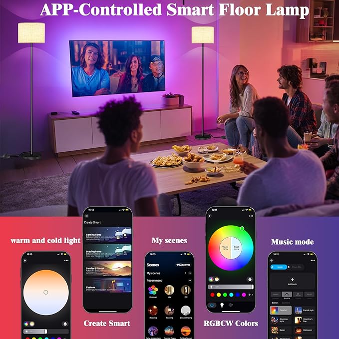 Smart LED Floor Lamp with APP Control & RGB Colors - Dimmable Standing Lamp for Living Room, Bedroom, Gaming - Remote, Timer, 9W Bulb Included, 60.6" Modern Tall Lamp (Beige)