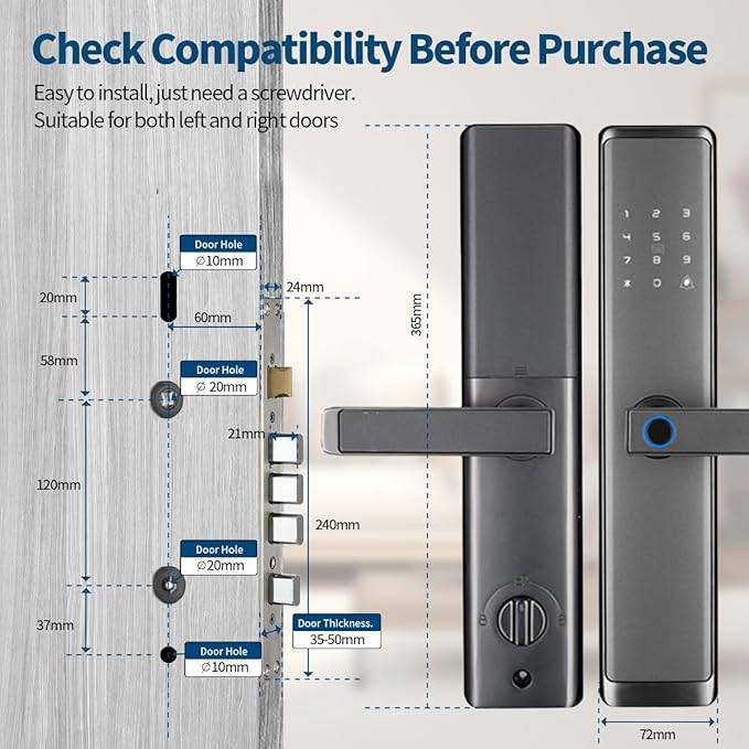 Sophies Keyless Entry Smart Lock with Handle, WiFi Door Lock, Tuya APP Control - Front Door Lock with Keypad and Anti-Peeping Password Grey