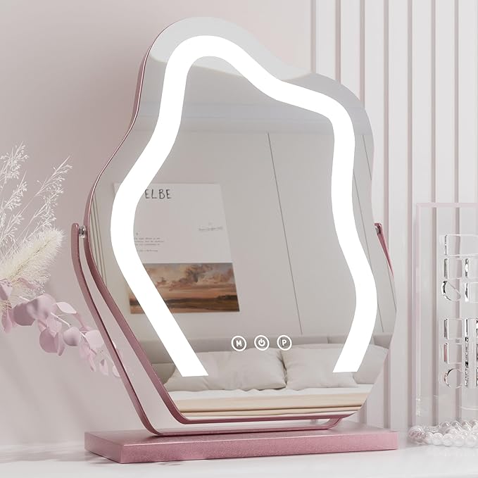 Makeup Mirror with Lights - 17″ Cloud Shaped Smart Touch 3-Color Dimmable 360° Rotation Memory Metal Frame Plug-in AC Power Tabletop Vanity Mirror Gift for Women Teen Girls Rosegold