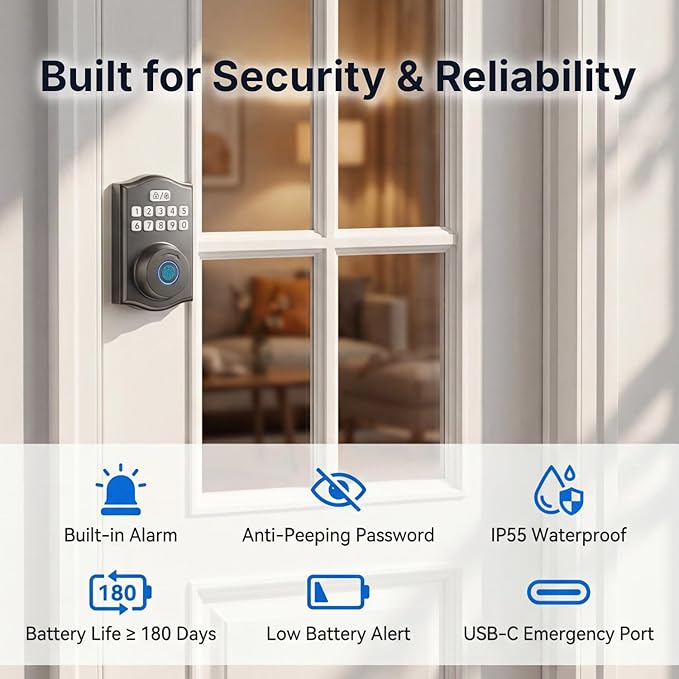 WiFi Smart Lock, Fingerprint Keyless Entry Door Lock, Built-in Wi-Fi Keypad Deadbolt for Front Door, Easy Installation, App Remote Control, Auto Lock