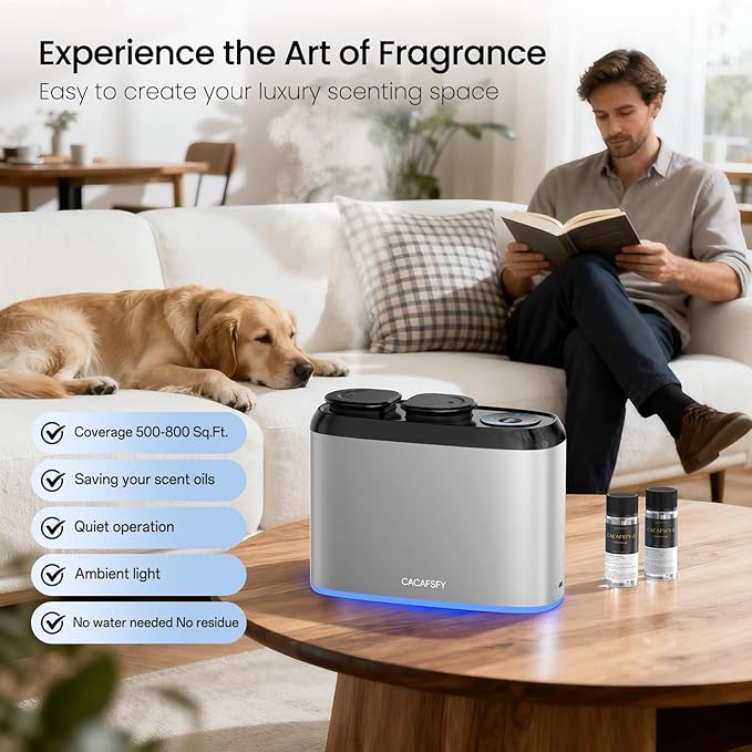Waterless Scent Diffuser,2 * 50ml Hotel Scent Oils Included-Whole House Air Freshener-Scent Diffusers for Home,Office,Essential Oil Diffuser Large Room,Smart, Cold-Air Tech,App Control Silver