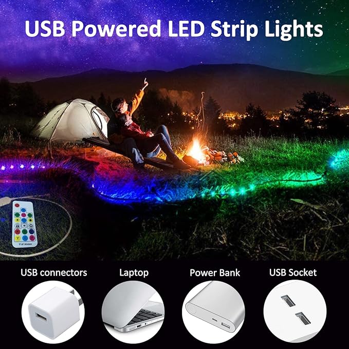 LED Strips Lights USB Powered Rainbow Chasing RGB LED Lights Strip LED TV Backlight Strip with 17-Key RF Remote Color Changing Strip Lights Waterproof IP65 LED Rope Lights LED Lights 2M 6.54FT