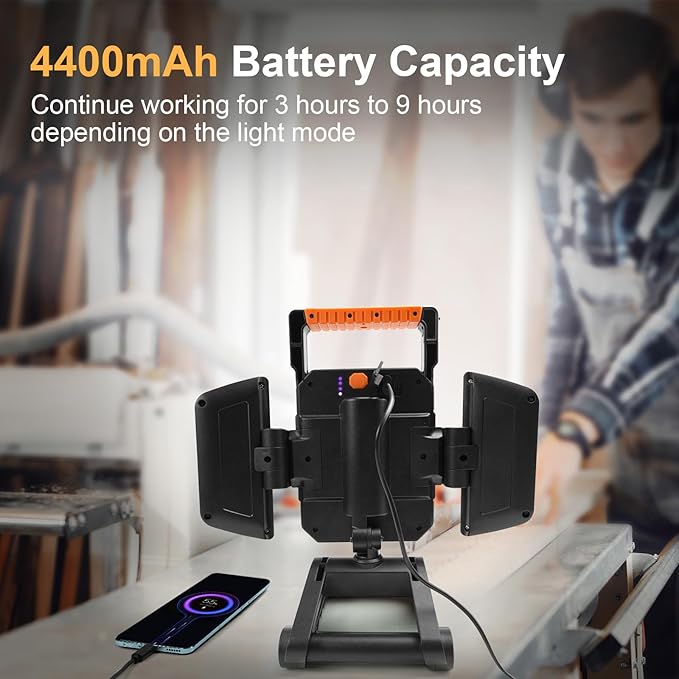 4000LM LED Work Light Rechargeable with Clamp, 40W Magnetic Work Light Battery Powered with 5 Light Modes, 350° Rotation, Portable Job Site Lighting for Construction Site,Workshop,Car Repairing