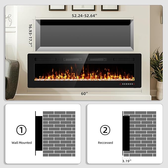 60” Electric Fireplace Recessed and Wall Mounted Fire Places with Remote Control, Touch Screen