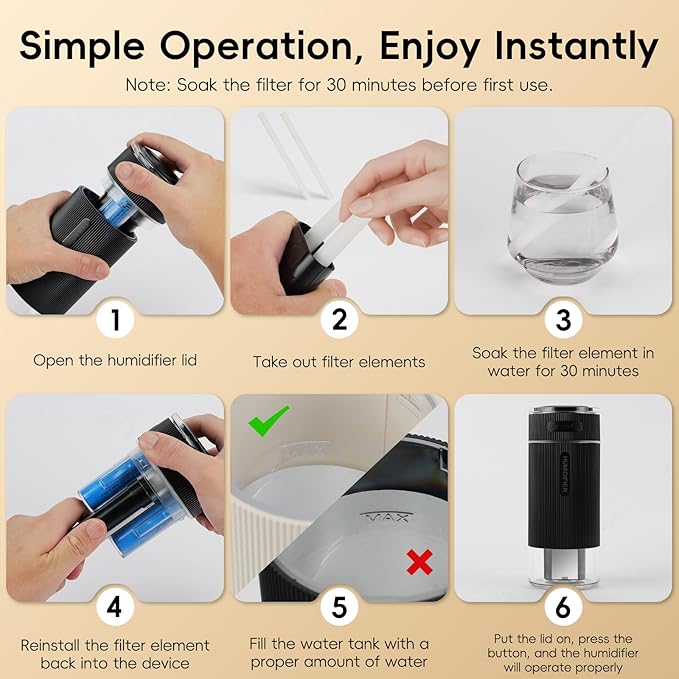Portable Small Humidifiers for Travel, Mini Air Ultrasonic Humidifier with Filter Element - Cool Mist, Whisper Quiet, Nightlight, 350ML Tank, Car Modes, Perfect for Baby, Bedroom, Hotel, Desk, Plants
