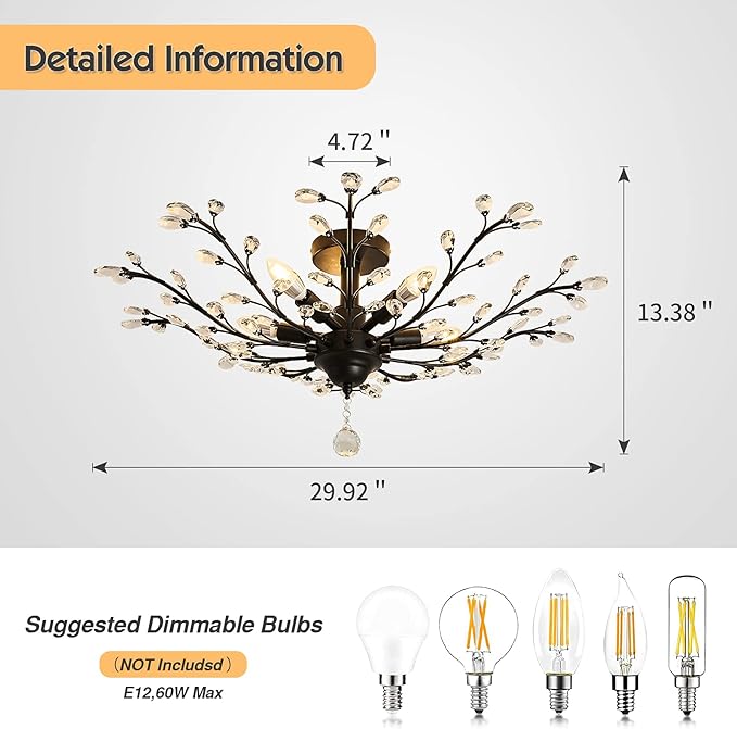 CVKASH 5 - Light Vintage Small Crystal Chandelier Modern Semi Flush Mount Ceiling Light Fixture Chandelier Lighting for Kitchen Bedroom Living Room Dining Room Hallway Foyer（Black）