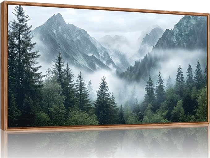 YeeHomedec Large Mountain Framed Canvas Wall Art, Modern Calming Forest Wall Decor, Misty Nature Mountains Art Painting, Wooden Pine Trees Artwork for Living Room Bedroom Farmhouse 20"x40"