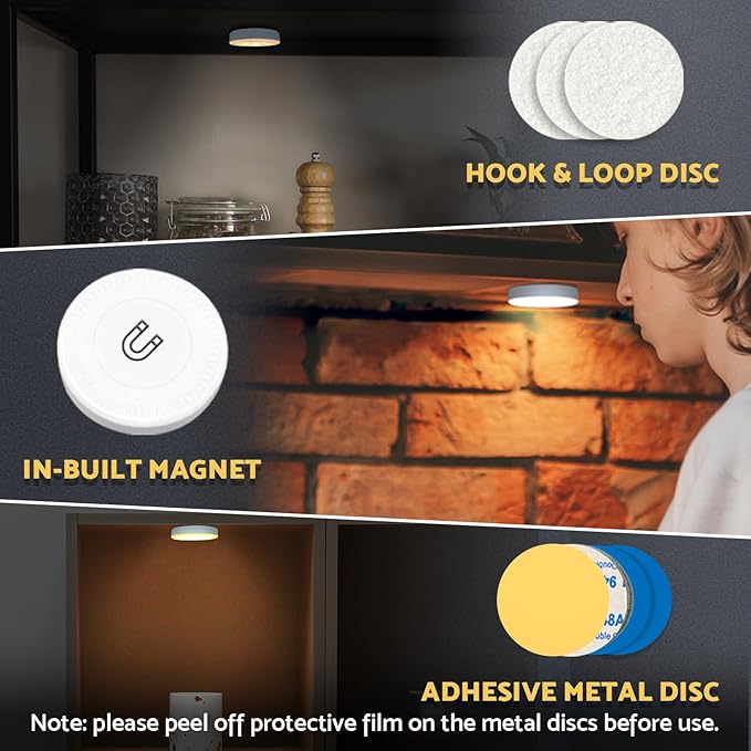 Rechargeable Puck Lights 2 Pack, Magnetic Tap Light 1000mAh Battery Powered, Warm Yellow, Dimmable Touch Light Stick on for Closet, Locker, Cabinet, Bedside, Kitchen