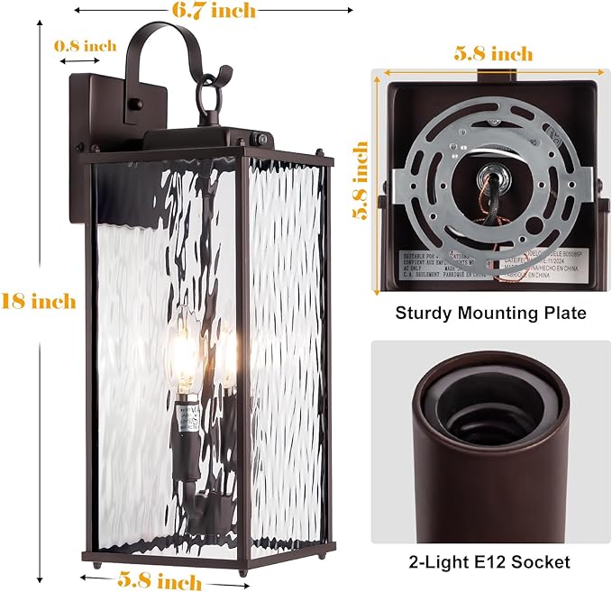 Oil Rubbed Bronze Dusk to Dawn Outdoor Light Fixture 18”, 2-Light Candelabra Photocell Porch Light with Water Ripple Glass Large Brown Outside Wall Light for House Wall Mounted Lamp, E12