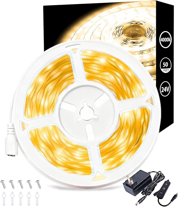 4000k 50 Feet Led Strip Lights for Bedroom Dimmable 10 FT 180 LEDs Rope Light Flexible Super Bright White Tape Lights for Ceiling Room Home Decor Luces LEDs for DIY Living Room Kitchen Vanity