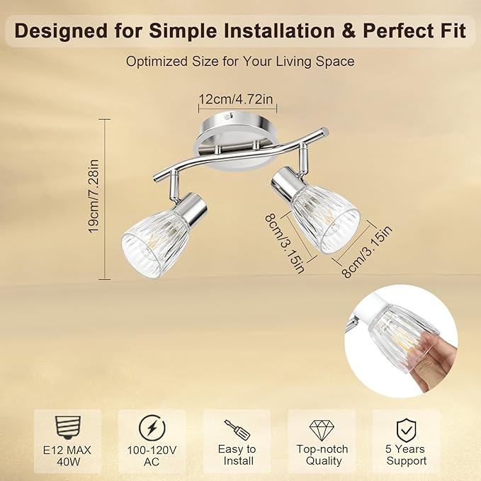 HiBay 2-Light Track Lighting, Directional Ceiling Light Fixture with Glass Shades, Modern Chrome Spotlight Indoor for Kitchen, Bedroom, Living Room, E12 Base, No Bulbs