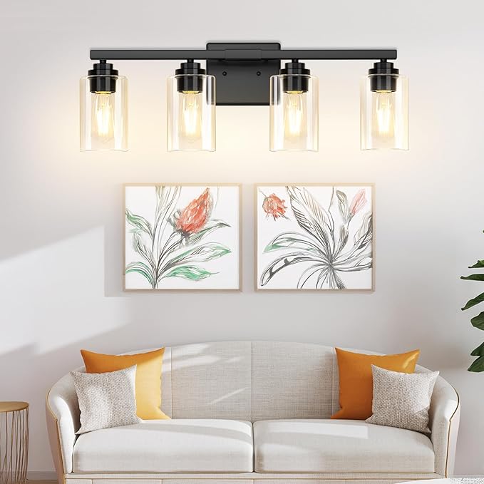 VerRon 4 Lights Bathroom Light Fixtures, Matte Black Modern Vanity Lights Over Mirror with Clear Glass Shades, Bathroom Wall Sconce for Mirror Living Room Cabinet Bedroom Porch