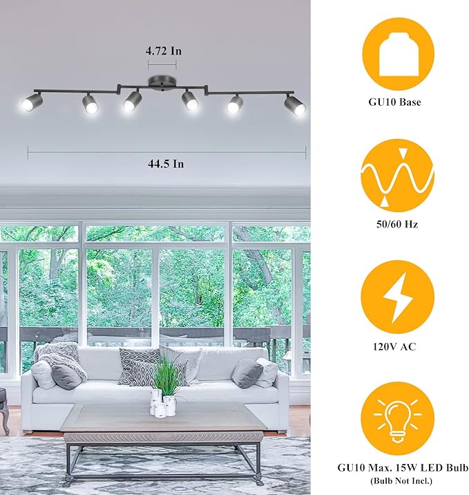 BoostArea LED 6 Light Track Lighting Kit, Black 6 Way Ceiling Spot Lighting, Flexibly Rotatable Light Head for Kitchen, Living Room, Bedroom, GU10 Bulb Not Included