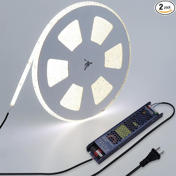 48V Outdoor LED Strip Lights Waterproof, 65.6ft 150W 6000K Cool White Dimmable LED Tape Light Cuttable with Power Supply for Bedroom Ceiling Garden Living Room Commercial House
