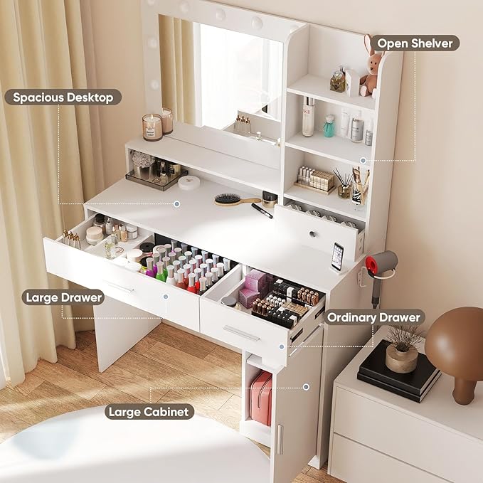 DUMOS Vanity Desk Makeup with Mirror LED Lights, White Table with Power Outlet 2 Drawer, 4 Storage Shelves Cabinet & 3 Lighting Mode Adjustable Brightness, Dressing Tables for Bedroom